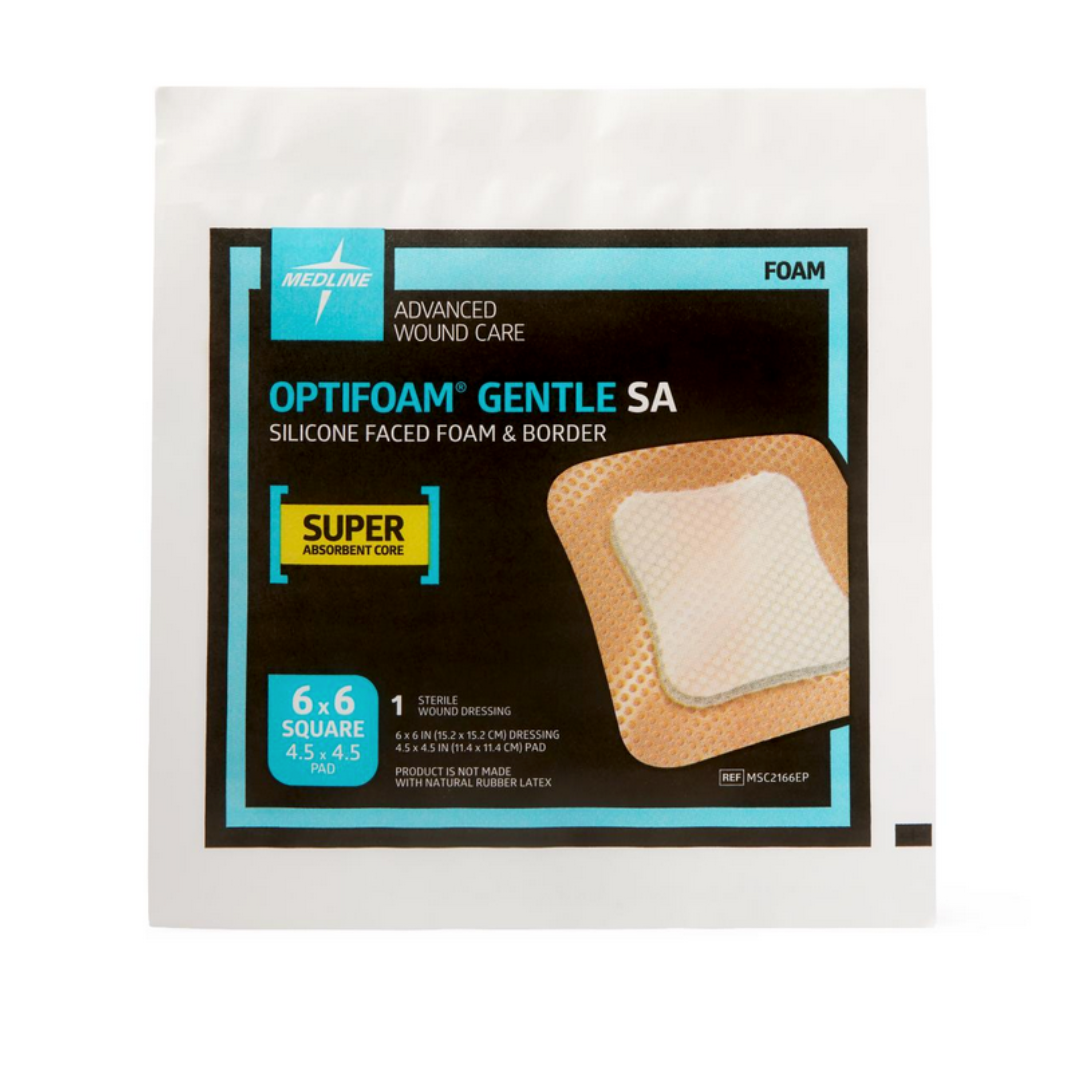 A white package of Medline Optifoam Gentle SA Silicone-Faced Foam Wound Dressings features a 6 x 6 inch dressing with silicone adhesive border, shown on the packaging with a superabsorbent core.